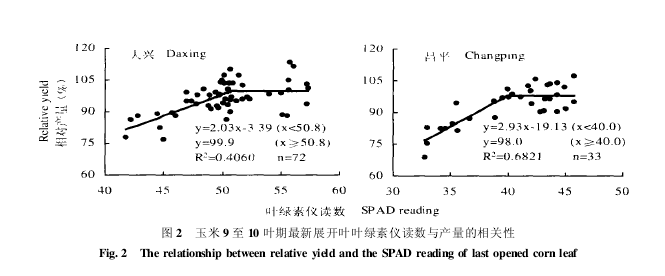 玉米9至10叶期最新展开叶叶绿素仪读数与产量的相关性